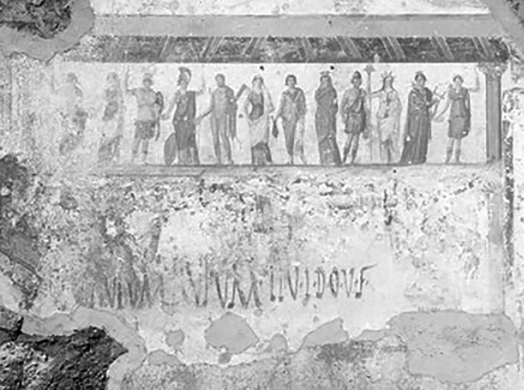 Public street shrine (compitum) to 12 gods outside IX.11.1 Pompeii.  1912.
From left to right they are Jupiter, Juno, Mars, Minerva, Hercules, Venus, Mercury, Proserpina (possibly), Vulcanus, Ceres, Apollo, Diana.
See The Illustrated London News, 13th April 1912 -552.
According to Varone and Stefani, the inscription shown was CIL IV 7856, but it is no longer conserved.
See Varone, A. and Stefani, G., 2009. Titulorum Pictorum Pompeianorum, Rome: Lerma di Bretschneider.  (p. 419).
According to Epigraphik-Datenbank Clauss/Slaby (See www.manfredclauss.de) this read as

C(aium) Gavium Rufum IIv(irum) i(ure) d(icundo) o(ro) v(os) f(aciatis)     [CIL IV 7856]
