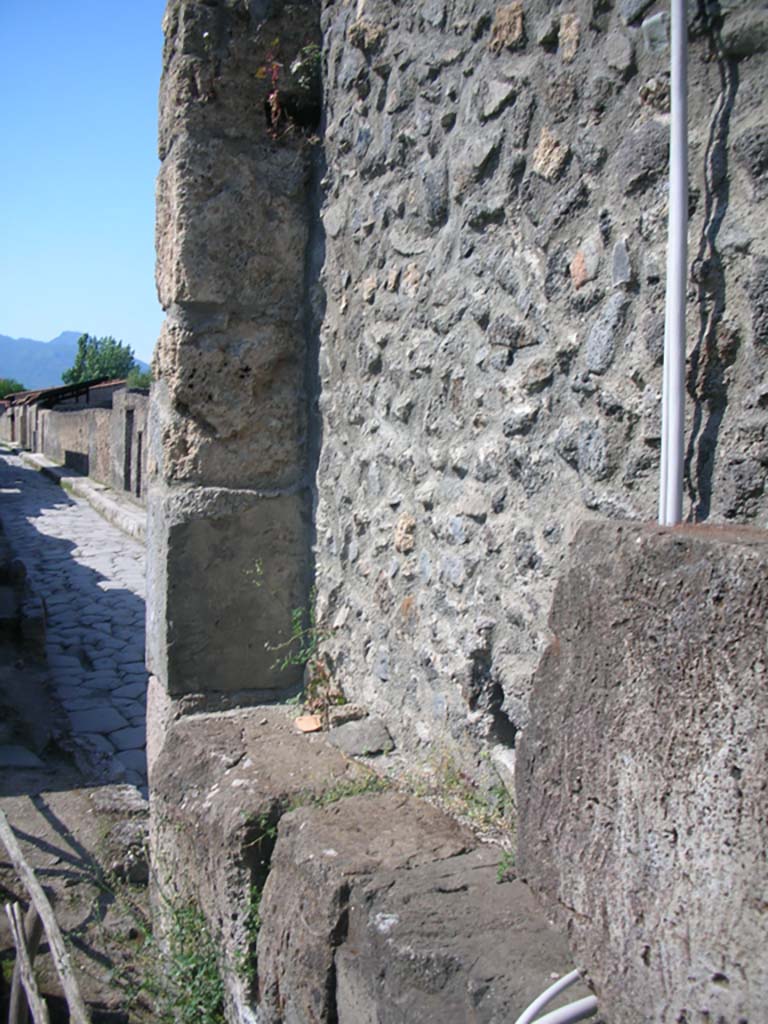 Porta di Nocera or Nuceria Gate, Pompeii. May 2010. 
Looking north along west exterior wall of gate. Photo courtesy of Ivo van der Graaff.
