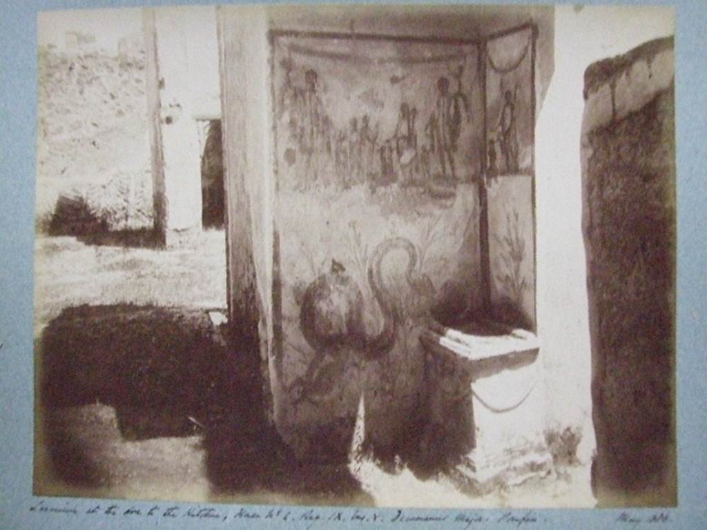 IX.5.2 Pompeii. Corridor ‘w’, lararium at the doorway to kitchen ‘s’ and adjacent to entrance IX.5.22.
May 1886. Photograph courtesy of Society of Antiquaries, Fox Collection.
According to Boyce, the lararium was painted on two sides of a recess, each side bordered with red stripes.
In the centre on the east wall was an altar, between the Genius and two young men, apparently camilli.
On the left, behind the camilli, stood the tibicen, of smaller proportions than the other figures.
Behind the Genius was another Camillus, also small.
On each side of this group of five figures, stood a Lar, larger than the other figures.
Below this group, a bearded and crested serpent coiled towards the tufa altar in the corner of the east and south wall of the recess.
The tufa altar had been altered to fit into its new position in the corner, and then covered with a thick layer of stucco.
On the upper south wall of the recess, Vesta was painted, pouring a libation onto a yellow painted altar.
At her side stood an ass wearing a wreath of leaves. Vesta held a red halter attached to the ass’s muzzle.
Below Vesta was a single painted plant.
See Boyce G. K., 1937. Corpus of the Lararia of Pompeii. Rome: MAAR 14. (p.85, no.419, and Pl.16,2) 


