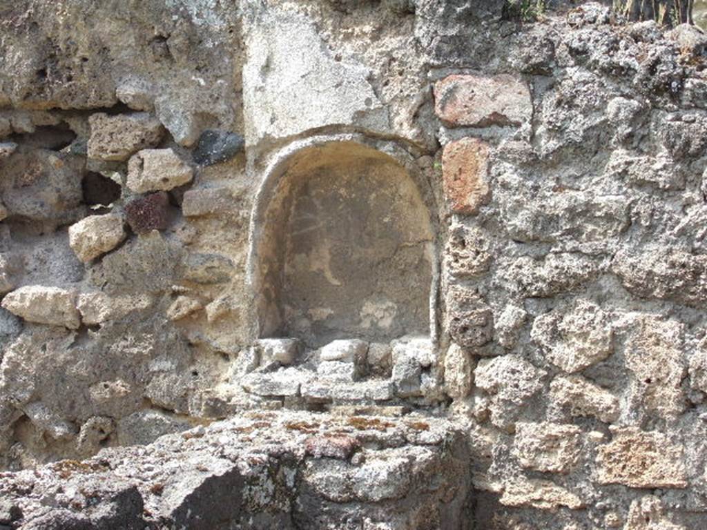 IX.9.6 Pompeii. May 2006. Arched lararium niche with white stucco walls in west wall of portico, with masonry altar built under it. According to Boyce a coin of Claudius was found on the floor of the niche. See Boyce G. K., 1937. Corpus of the Lararia of Pompeii. Rome: MAAR 14. (p.91) 