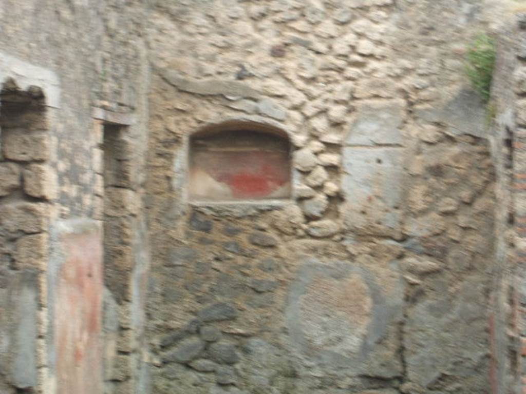 IX.9.13 Pompeii. May 2005. Room 6, arched niche set in west wall in south-west corner of garden. 
According to Boyce –
On the wall to the right of the niche was the lararium painting: on the left stands a tripod of unusual form with a dark coloured vessel upon it. The Genius, standing to the right, pours a libation upon the tripod; he wears a wreath of leaves; the toga does not seem to be drawn over hs head as usual, though the preservation of the painting is poor at this point; he holds no cornucopia. Behind and to the right stand two figures: in the first plane, a camillus, also wreathed, and carrying fruit in a shallow dish; above and farther right, a popa, wreathed and carrying an axe.
To the left of the Genius are two wreathed figures apparently women, though it is impossible to be certain, for only the upper portions of their figures are preserved. 
On the left side of the niche there was not room for painted figures, but on the adjoining south wall the figure of the Genius appears again, clad in white toga and pouring a libation upon a yellow cylindrical altar with a fire; he is unbearded, his flesh is reddish, and in is left hand he holds a yellow cornucopia.
This double Genius certainly has some special significance. …….
See Boyce G. K., 1937. Corpus of the Lararia of Pompeii. Rome: MAAR 14. (p. 93, no. 466).
See Notizie degli Scavi di Antichità, 1891, p. 258
See Jashemski, W. F., 1993. The Gardens of Pompeii, Volume II: Appendices. New York: Caratzas. (p. 247)


