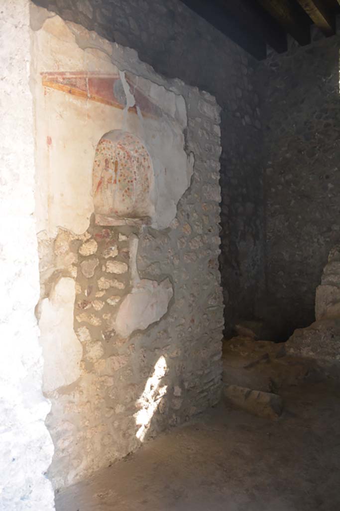 IX.14.4 Pompeii. July 2017. 
Kitchen 18, painted niche lararium on south wall, with latrine in south-west corner, on right.
Foto Annette Haug, ERC Grant 681269 DÉCOR.
