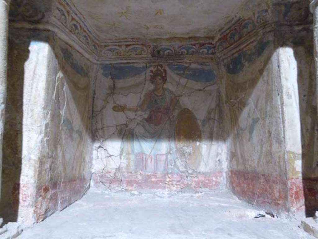 97. Gragnano, Villa rustica in Località Carmiano, Villa A. June 2017. Lararium niche with painting of Minerva. 
From dividing pilaster between kitchen room 4 and room 2. 
Photo courtesy of Michael Binns.
