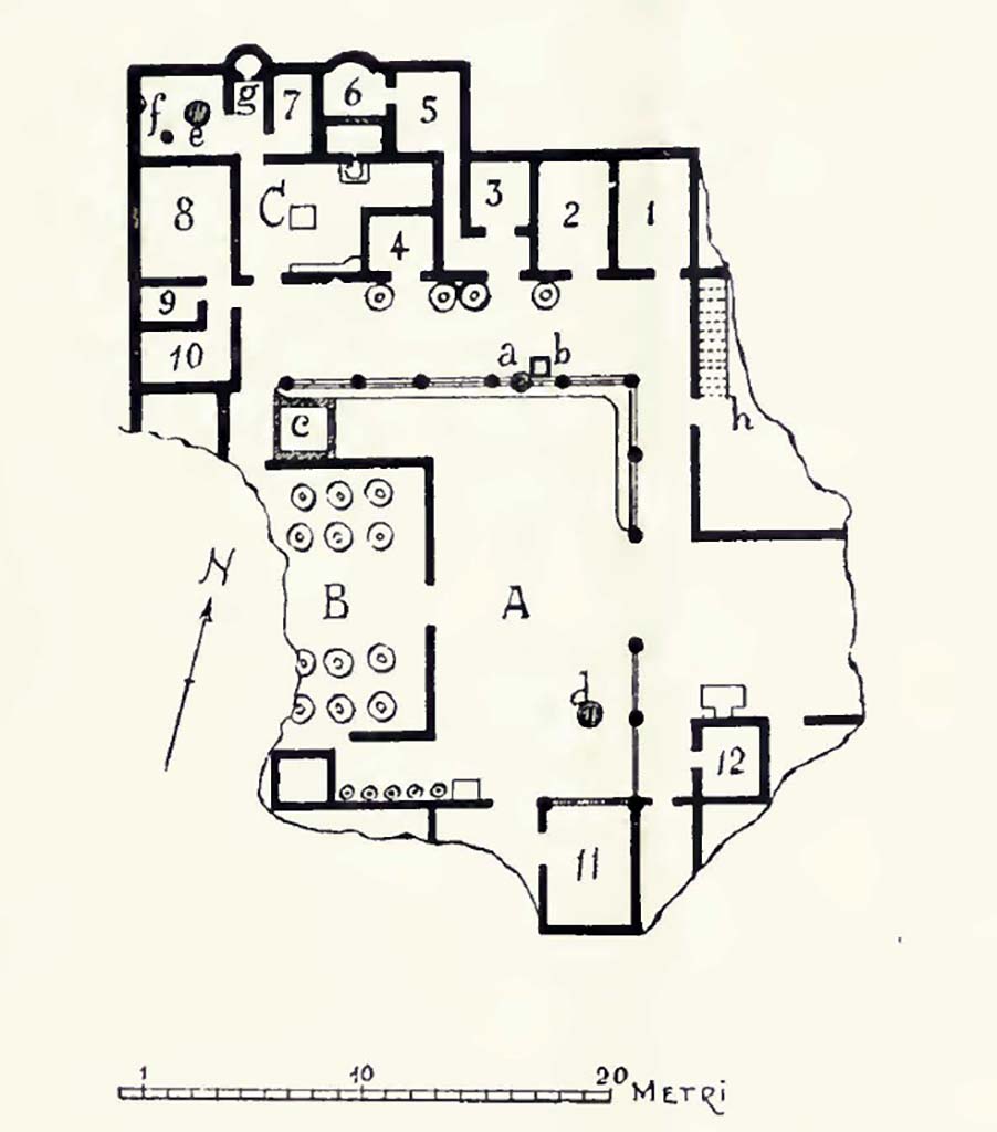 Scafati. Villa Rustica in Fondo Matrone, Contrada Spinelli. Plan of villa by Della Corte.
See Notizie degli Scavi di Antichità, 1923, p. 285 fig. 5.
See Casale A., Bianco A., Primo contributo alla topografia del suburbio pompeiano: Supplemento al n. 15 di ANTIQUA ottobre-dicembre 1979, 39, p. 37, fig. 14.
