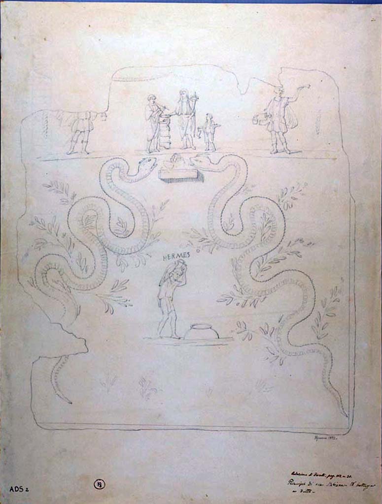 I.1.8 Pompeii. 1872 drawing by Geremia Discanno of lararium painting.
Records from the 19th century excavations of this property described a painted shrine on the north wall of the ‘first room’.
It has been unclear which of the three street-side rooms of the property is the ‘first room’. 
Only this sketch remains, which depicts an upper and lower register of decoration with various figures. 
The lower register of the shrine’s decoration depicted a man carrying an amphora, ready to pour its contents into a dolium.
He was labelled HERMES and this is the reason the property has traditionally been named the Hospitium of Hermes. [CIL IV, 3355].
Flanking Hermes were two coiled serpents, rearing up toward an altar that was topped by a pinecone. 
The upper register of the shrine’s decoration depicted a togate genius with cornucopia and patera next to a shrine with a snake coiled around it. 
To the right of the genius was the camillus holding a patera and perhaps a rooster, and to the left of the genius and altar was a tibicen. 
This scene was flanked by the twin Lares, and a garland or ribbon crowned the scene. 
Nothing of the painted shrine survives. 
Now in Naples Archaeological Museum. Inventory number ADS 2.
Photo © ICCD. http://www.catalogo.beniculturali.it
Utilizzabili alle condizioni della licenza Attribuzione - Non commerciale - Condividi allo stesso modo 2.5 Italia (CC BY-NC-SA 2.5 IT)

