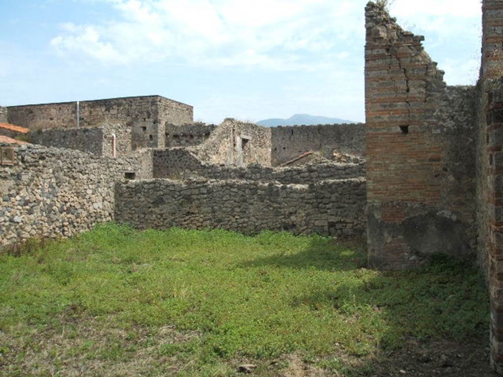 V.2.g Pompeii. Looking south across garden area.
According to Boyce, a slab with a phallus in relief could be found high on the east garden wall (2.50m above the ground).
This was surrounded by an aedicula façade, and was all painted red.
He said that another similar slab could be found against the west wall of the small space preceding the north portico.
Above a masonry bench and embedded in the west wall was a slab of tufa surrounded by an aedicula façade.
This would have been 1.30m above the ground. In the centre of the tufa slab was another phallus in relief.
See Boyce G. K., 1937. Corpus of the Lararia of Pompeii. Rome: MAAR 14. (p.36, no.105) 

According to Jashemski, the garden had a wide portico on the north supported by two columns and two pillars.
This was reached by the passageway to the left of the tablinum.
There was a masonry biclinium in the portico.
See Jashemski, W. F., 1993. The Gardens of Pompeii, Volume II: Appendices. New York: Caratzas. (p.112).

According to Soprano –
Ubicazione: viridario. L. medius, m.310; l. imus, m.2.65.
Bibliog.  Not.Scavi, 1896, p.421; Rom. Mitt, 1893, p.9.
Era un biclinio con piani inclinati. 
Il l. medius era addossato al muro occidentale del viridario. Non era visibile veruna traccia d’intonaco, ne vi sono resti della mensa.
See Soprano, P. (1950). I triclini all’aperto di Pompei. (In Pompeiana, raccolta di studi per il secondo centenario degli scavi di Pompei. Napoli, Gaetano Macchiaroli, Editore, p. 306, no.26).

