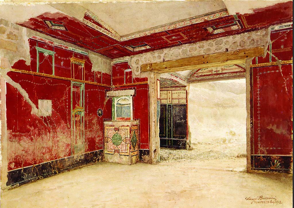 V.3.4 Pompeii. 25th July 1902. Watercolour by Luigi Bazzani.
Looking towards lararium in north-west corner of tablinum, and showing detail of painted ceiling.
Now in Museo Nazionale di Capodimonte, inv. no. 2338.
See Carratelli, G. P., 2003. Pompei: La documentazione nell'Opera di disegnatori e pittori dei secoli XVIII e XIX. 
Roma: Istituto della enciclopedia italiana, p. 1023, fig. 1.
