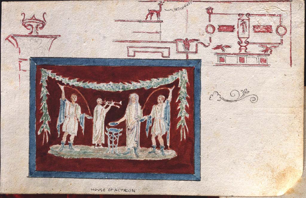 VI.2.4 Pompeii. c.1819 sketch by W. Gell of lararium.
See Gell W & Gandy, J.P: Pompeii published 1819 [Dessins publiés dans l'ouvrage de Sir William Gell et John P. Gandy, Pompeiana: the topography, edifices and ornaments of Pompei, 1817-1819], pl. 5 verso.
See book in Bibliothèque de l'Institut National d'Histoire de l'Art [France], collections Jacques Doucet Gell Dessins 1817-1819
Use Etalab Open Licence ou Etalab Licence Ouverte
