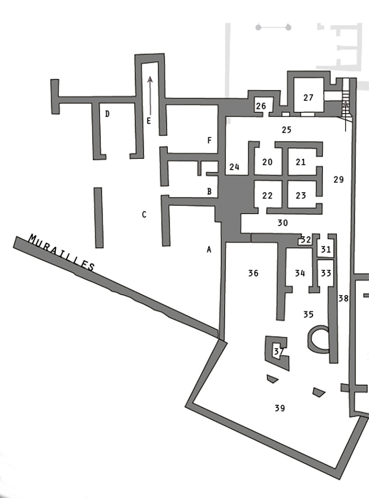 PA.7. VIII.2.A, on left of plan. Lower level 1, with rooms A to F on west side of room 36 (PPM: J) and cryptoporticus.
Plan courtesy of Sandra Zanella.

