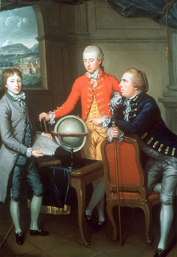 Portrait of Douglas, 8th Duke of Hamilton, on his Grand Tour with his physician Dr John Moore and the latter's son John. 
A view of Geneva is in the distance where they stayed for two years. 
Painted by Jean Preudhomme in 1774.
