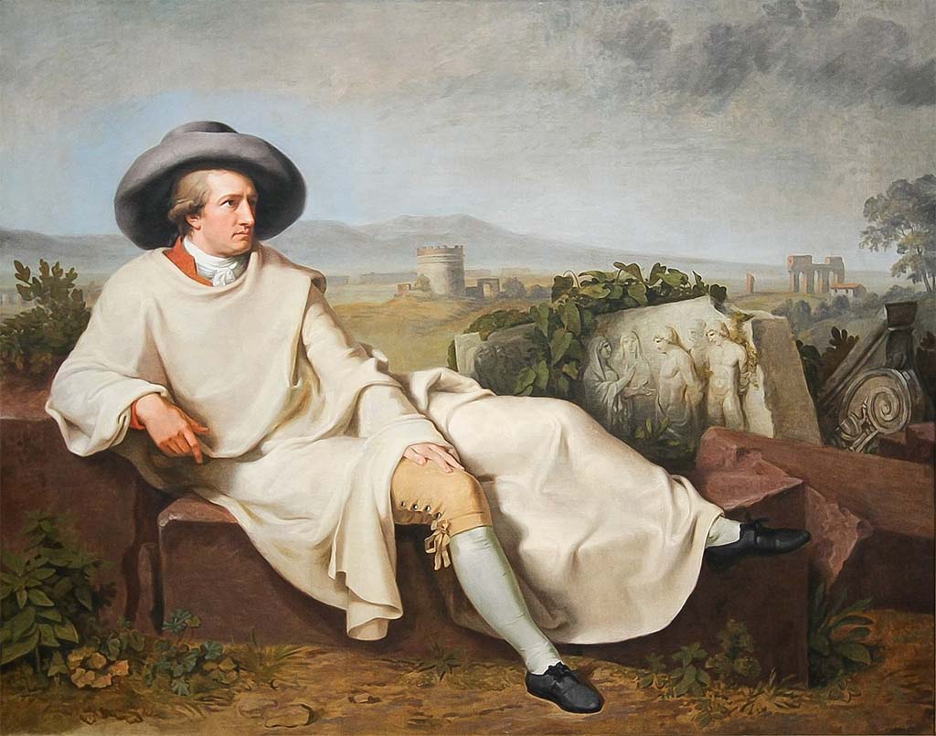 Goethe in the Roman Campagna, by Johann Tischbein, 1787. 
In late February of 1787, after four months in Rome, Goethe and his friend Tischbein headed south to Naples, where they arrived on February 25.
The road passed "through and over volcanic hills," and it was "with quiet delight" that he saw Vesuvius to his left, "violently emitting smoke," as they made their way to the city. 
Goethe's first ascent of Vesuvius was on March 2, 1787.
He made three attempts to ascend it, the second time (on March 6) with Tischbein, who was less intrigued: "As a visual artist, [Tischbein] always deals only with the most beautiful human and animal forms. This fearsome, shapeless heap of things, which keeps consuming itself and declares war on every feeling for beauty, cannot fail to seem quite hideous to him"
The final ascent was on March 20. Goethe describes the canals formed as the lava flows down the mountain, with the molten material stiffening.
On March 11, Goethe visited Pompeii, where he was taken with the small, cramped space of the town, with even the official buildings reminding him of doll houses. The paintings still to be seen on the walls pleased him, showing as they did "that a whole nation had a delight in art and pictures."

