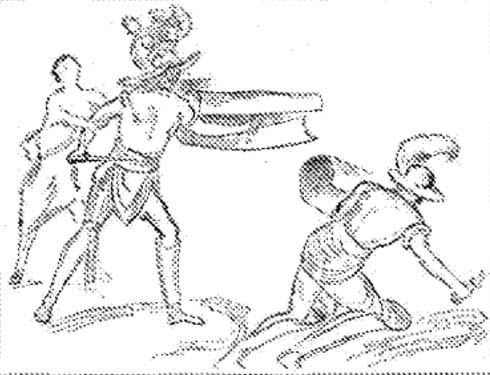 I.3.23 Pompeii. 1885 drawing of painting of two gladiators (now lost) on west wall to left of Riot painting. According to Sogliano, the defeated gladiator has fallen and behind the victor a female figure in a short chiton seems to want to hold back the winner. See Schreiber T., 1885. Kulturhistorischer Bilderatlas: 1 Altertum. Leipzig: Selmann. pl. XXVIII fig.3. See Clarke J R., 2003. Art in the Lives of Ordinary Romans. University of California Press, London. p. 155, fig. 91. See Sogliano, A., 1879. Le pitture murali campane scoverte negli anni 1867-79. Napoli: Giannini. 666.