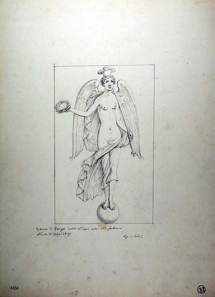 I.3.25 Pompeii. Drawing by Nicola La Volpe, 1870, of painting of Nike (Victory) from the east façade of the south-west pilaster of peristyle.
(see Sogliano 430, above.)
Now in Naples Archaeological Museum. Inventory number ADS 8.
Photo © ICCD. http://www.catalogo.beniculturali.it
Utilizzabili alle condizioni della licenza Attribuzione - Non commerciale - Condividi allo stesso modo 2.5 Italia (CC BY-NC-SA 2.5 IT)
