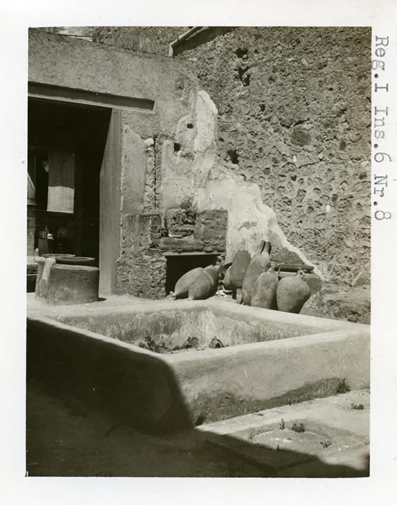 I.6.8/9 Pompeii. Pre-1937-39. Looking north-east from impluvium in atrium towards shop at I.6.8, on left.
Photo courtesy of American Academy in Rome, Photographic Archive. Warsher collection no. 1852.
