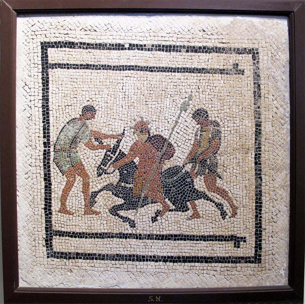 I.7.1 Pompeii. Mosaic from room in south-west corner of peristyle of a drunken Silenus on a donkey that is refusing to move. 
He is being helped by two Satyrs.  Now in Naples Archaeological Museum. Inventory number s.n.

