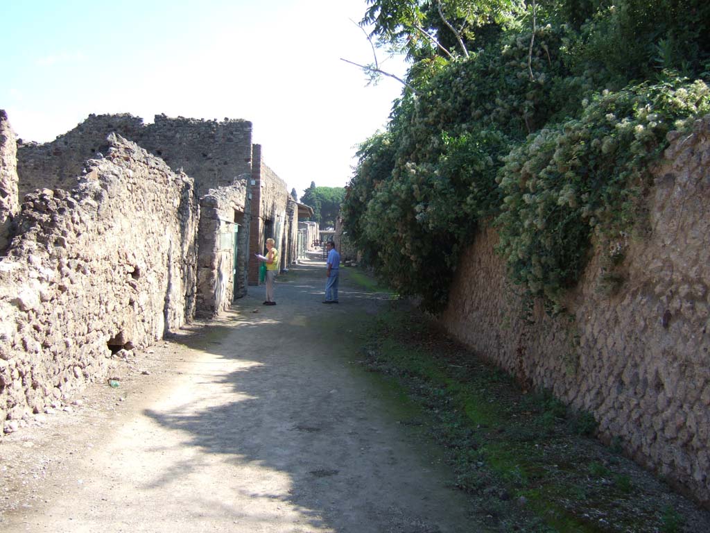 I.7.15 (remains of side wall) Pompeii, on left. September 2005. Via di Castricio, looking east.                 I.19, on right.