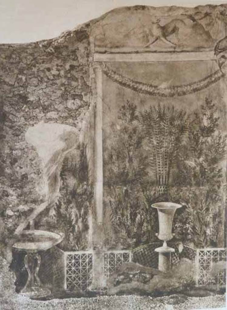 I.7.19 Pompeii. Old undated photograph showing garden painted wall in peristyle area.