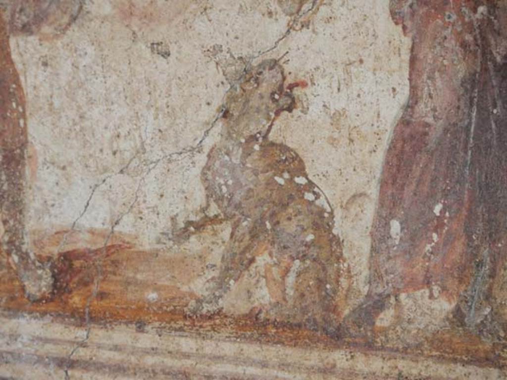 I.8.8 Pompeii. May 2015. Detail of the panther, drinking from a cup held in the right hand of Bacchus. Photo courtesy of Buzz Ferebee.
