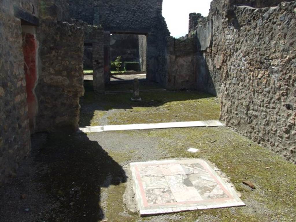 I.8.9 Pompeii.  March 2009.  Room 2.   Oecus.  Emblema of mixed marble coloured squares, in centre of floor. Looking south.
