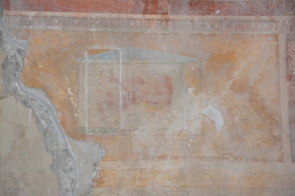 I.8.17 Pompeii. March 2019. Room 9, detail of panel with three masks, from upper east wall.
Foto Annette Haug, ERC Grant 681269 DCOR.

