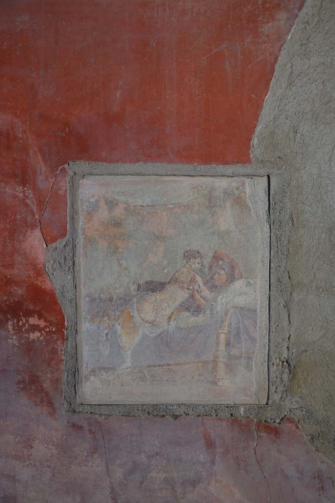 I.9.1 Pompeii. October 2019. Room 11, erotic reproduction painting inserted into south wall.
Foto Annette Haug, ERC Grant 681269 DCOR.
According to PPM  the actual state of the painting in 1977 was nearly illegible. 
See Carratelli, G. P., 1990-2003. Pompei: Pitture e Mosaici: Vol I. Roma: Istituto della enciclopedia italiana, p. 938, no .32).


