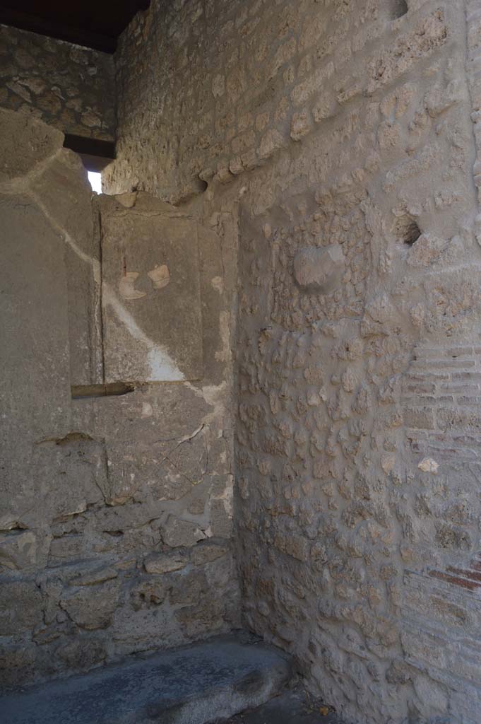 I.9.1 Pompeii. October 2017. Room 1, south-west corner and west wall of entrance vestibule.
According to Fröhlich, on the west wall were the faint remains of a painting of a female figure, possibly Venus Pompeiana.
To the left of this was a painting of Juno and Minerva.
See Fröhlich, T., 1991. Lararien und Fassadenbilder in den Vesuvstädten. Mainz: von Zabern. (F6, and Photo 52,2).
Foto Taylor Lauritsen, ERC Grant 681269 DÉCOR.
