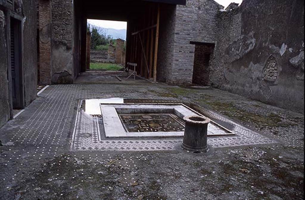 I.9.1 Pompeii. April 1998. Room 2, atrium and impluvium. Work is in progress on the surrounding mosaic.
A marble fluted puteal is in place at the north end of the impluvium but the terracotta grondaia is not present at the south end.
Photo courtesy of Rob Rietberg.
