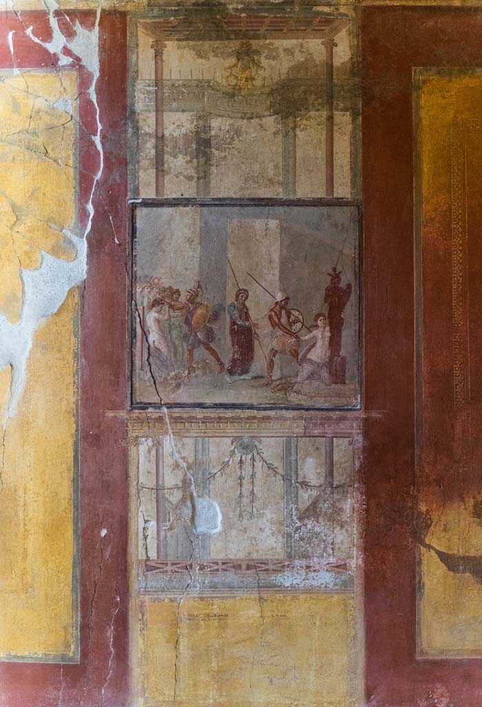 I.10.4 Pompeii. April 2022. 
Room 4, detail from panel on north wall with mythological scene. Photo courtesy of Johannes Eber.

