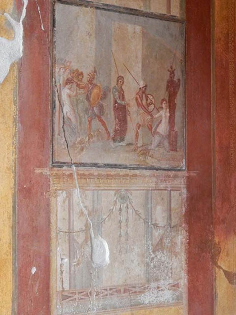 I.10.4 Pompeii. May 2017. Room 4, detail from panel on north wall with mythological scene. Photo courtesy of Buzz Ferebee.
