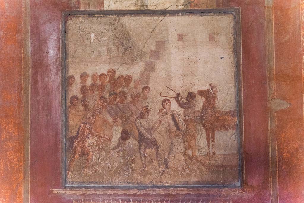 I.10.4 Pompeii. April 2022. 
Room 4, wall painting of Cassandra and the wooden Trojan horse from east wall. Photo courtesy of Johannes Eber.


