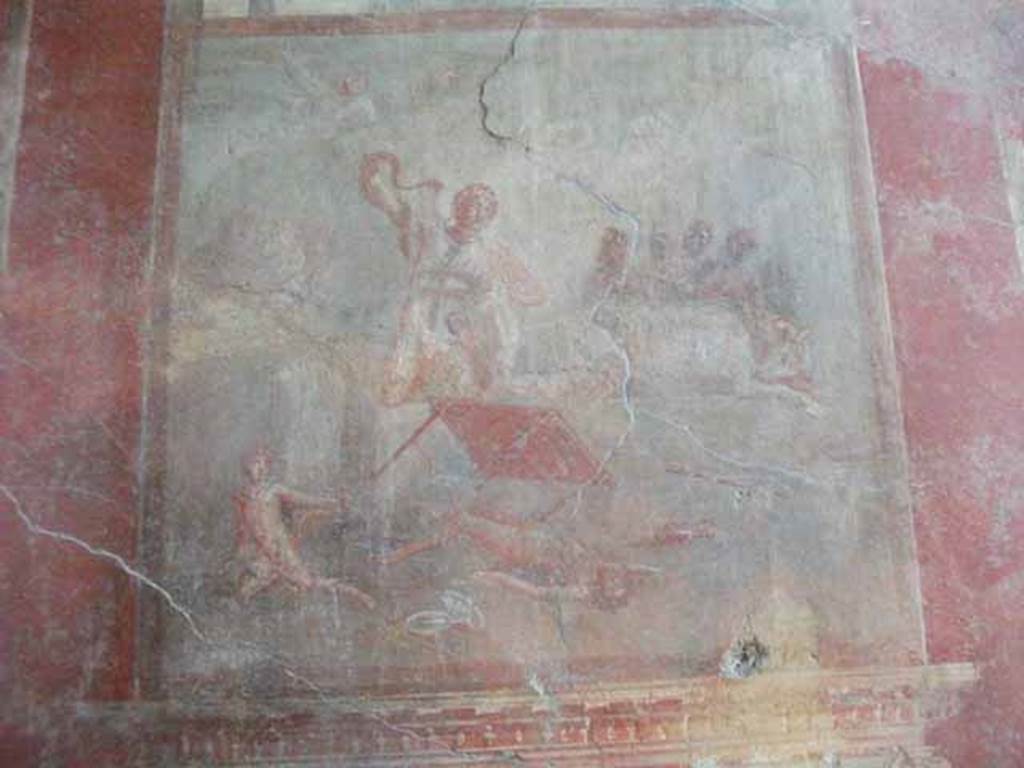I.10.4 Pompeii. May 2010. Room 4, south wall. Wall painting of the Death of Laocoon.  See Stefani, G. (Ed), 2003. Menander, la casa del Menandro di Pompei. Milan: Electa. (p. 36).  See Bragantini, de Vos, Badoni, 1981. Pitture e Pavimenti di Pompei, Parte 1. Rome: ICCD. (p.116).

