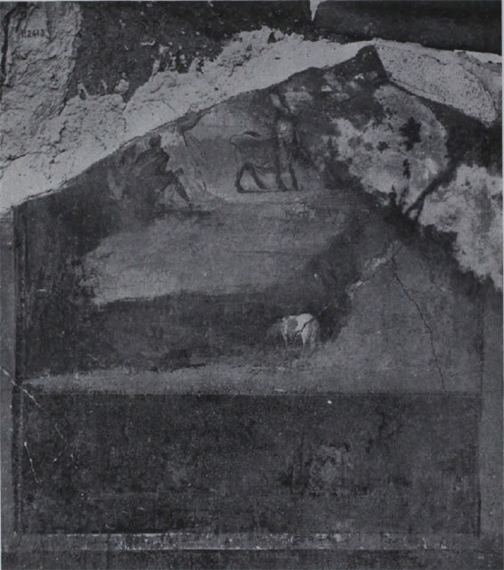 I.10.7 Pompeii. March 2009. Room 9.  South wall.  Remains of Lararium, with two serpents.