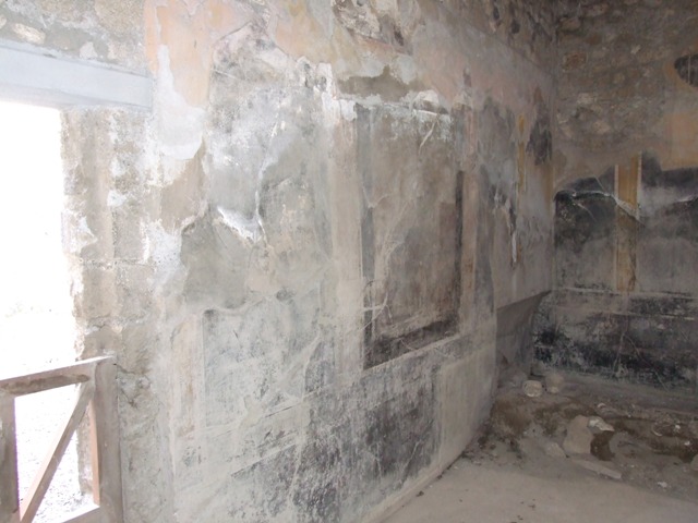 I.10.7 Pompeii. March 2009. Room 9.  South west corner.  Remains of Lararium, with two serpents.  See Fr�hlich, T., 1991. Lararien und Fassadenbilder in den Vesuvst�dten. Mainz: von Zabern. (L16). See Boyce G. K., 1937. Corpus of the Lararia of Pompeii. Rome: MAAR 14.  (56, T:27,2).
