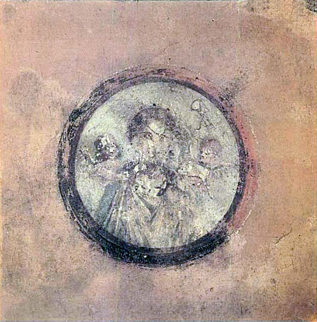 I.11.17 Pompeii. Room 3, central painting on east wall of triclinium. Medallion of Venus with two cupids.
Now in Pompeii deposits, inventory number 20560.
