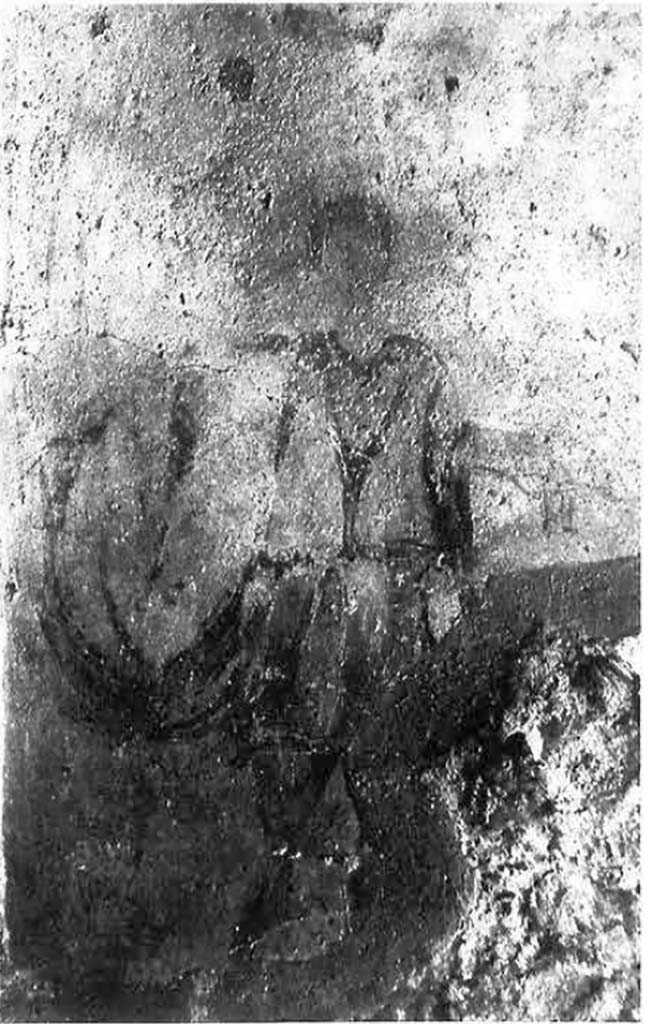 I.11.17 Pompeii. Room 6, detail of Lar at (left) north end of lararium painting in kitchen.
See Fröhlich, T., 1991, Lararien und Fassadenbilder in den Vesuvstädten. Mainz: von Zabern. (L23 on p.258 and Taf. 27,3).

