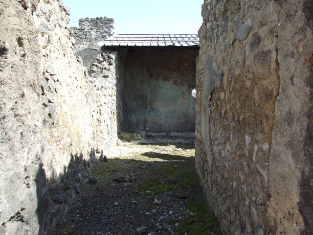I.12.16 Pompeii.  March 2009.  Room 1. Atrium.  South wall. Niche.  On the back wall stands Bacchus wearing a red mantel and holding a Thyrsus.  Underneath is a painted brown serpent that appears to come from a real hole in the bottom left corner.  See Fr�hlich, T., 1991. Lararien und Fassadenbilder in den Vesuvst�dten. Mainz: von Zabern. (L28, T:29,1).