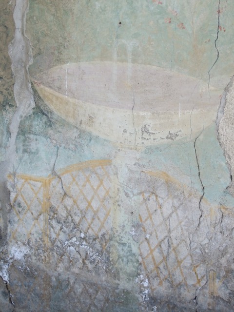 I.12.16 Pompeii.  March 2009. Room 4.  East wall. Garden painting. Detail of wooden trellis fencing.
