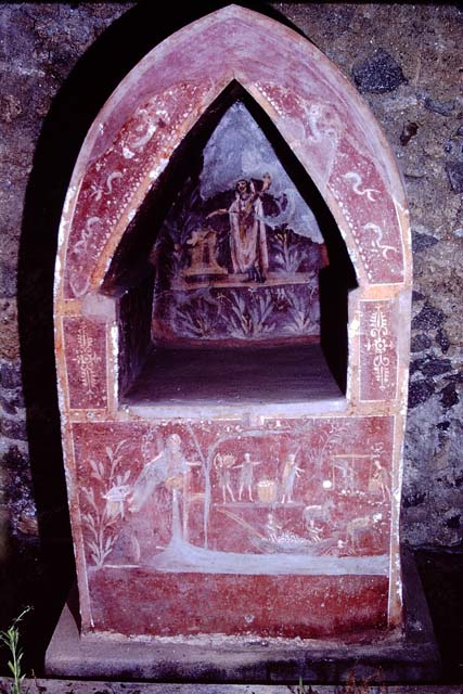 I.14.7 Pompeii.  March 2009.  Painted flowers and plants on the east side of the Lararium niche.