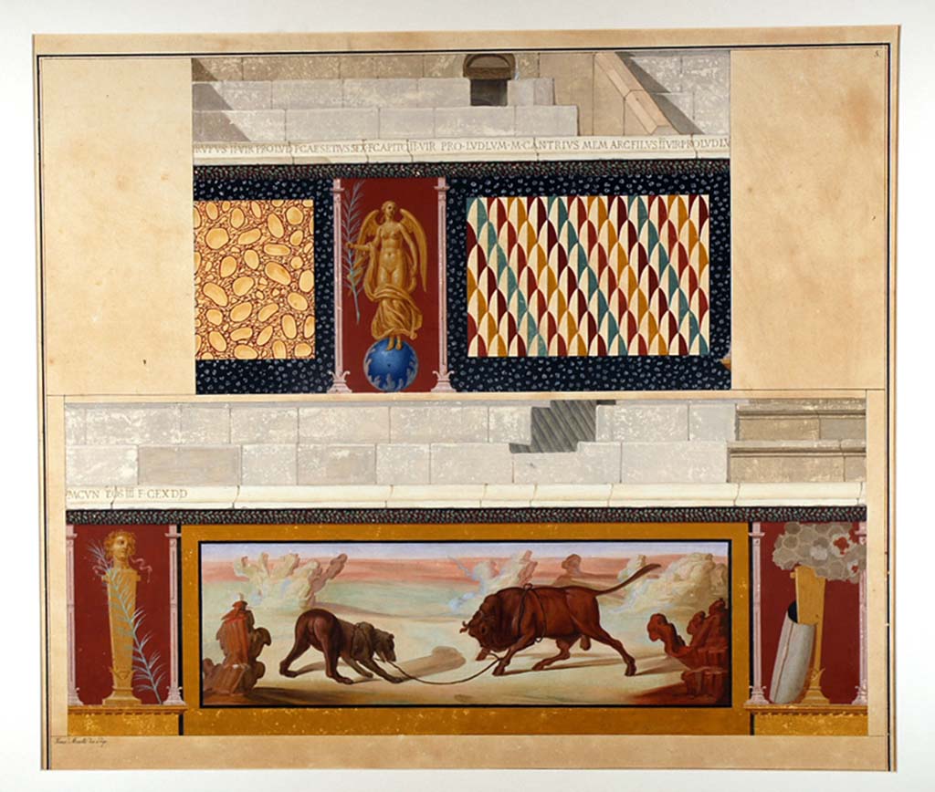 II.6 Pompeii. ADS 84. Two parts of the inner wall of amphitheatre, paintings now lost.
Painting by Francesco Morelli of amphitheatre podium.
Above are painted with panels of fake marble and pattern of scales, separated by Vittoria and on the parapet is part of CIL X, 857c.
Below is a fight of beasts, with a bear and a bull tied together in the centre panel, with herms either side, one with a shield leaning against it.
On the parapets are parts of CIL X, 857c and 857d.

According to the Epigraphik-Datenbank Clauss/Slaby (See www.manfredclauss.de) these read

P(ublius) Caesetius Sex(ti) f(ilius) Capito IIvir pro lud(is) lum(inibus)     [CIL X, 857c]
M(arcus) Cantrius M(arci) f(ilius) Marcellus IIvir pro lud(is) lum(inibus) cuneos III f(aciendum) c(uravit) ex d(ecreto) d(ecurionum)      [CIL X, 857d].

Now in Naples Archaeological Museum. Inventory number ADS 84.
Photo © ICCD. http://www.catalogo.beniculturali.it
Utilizzabili alle condizioni della licenza Attribuzione - Non commerciale - Condividi allo stesso modo 2.5 Italia (CC BY-NC-SA 2.5 IT)
