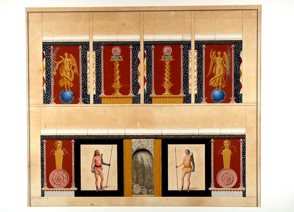 II.6 Pompeii. ADS 88. Inner wall of amphitheatre, paintings now lost.
Painting by Francesco Morelli of amphitheatre podium panels on a red background, and two panels with gladiators (two retiarius). (Helbig 1514).
At the sides are herms with shields leaning against them.
Now in Naples Archaeological Museum. Inventory number ADS 88.
Photo © ICCD. http://www.catalogo.beniculturali.it
Utilizzabili alle condizioni della licenza Attribuzione - Non commerciale - Condividi allo stesso modo 2.5 Italia (CC BY-NC-SA 2.5 IT)
