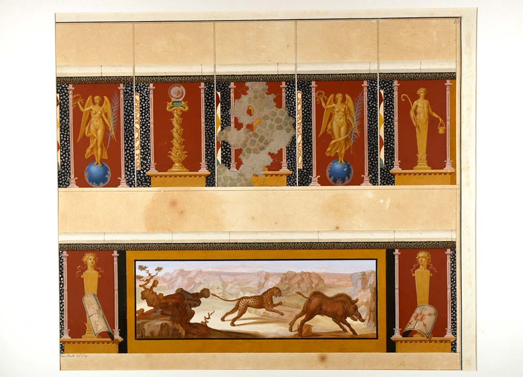 II.6 Pompeii. ADS 89. Inner wall of amphitheatre, paintings now lost.
Painting by Francesco Morelli of amphitheatre podium panels on a red background, and panel of hunt of beasts (Helbig 1519).
At the sides are herms with shields leaning against them.
Now in Naples Archaeological Museum. Inventory number ADS 89.
Photo © ICCD. http://www.catalogo.beniculturali.it
Utilizzabili alle condizioni della licenza Attribuzione - Non commerciale - Condividi allo stesso modo 2.5 Italia (CC BY-NC-SA 2.5 IT)
