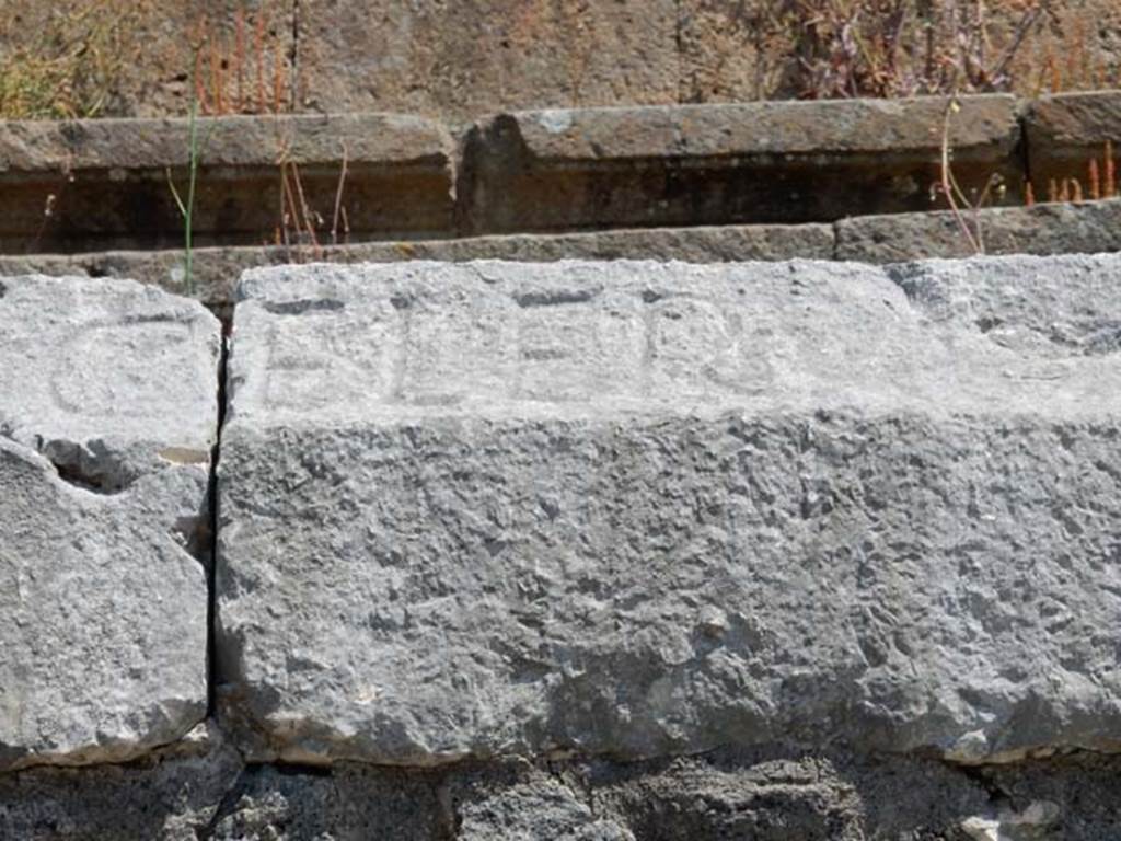 II.6 Pompeii. May 2016. Inscription carved on rim of inner wall of the arena of the Amphitheatre.
Inscription CELER, part of CIL X 854. Photo courtesy of Buzz Ferebee.
