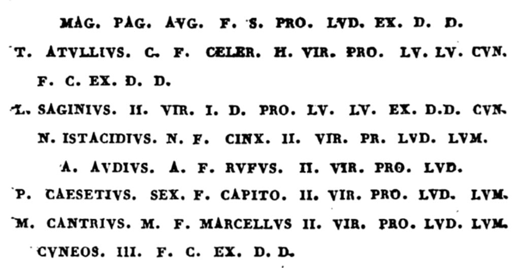 II.6 Pompeii. Description of the names along the podium responsible for the restoration of the amphitheatre.
From De Jorio, (1828). Plan de Pompei et Remarques sur ses Edifices. Naples, (p.148)
