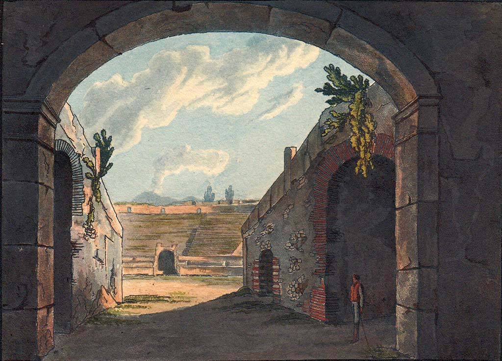 II.6 Pompeii. Pre-1824. Looking north from exit on south side of Amphitheatre.
Pre-1824 aquatint by Jakob Wilhelm Huber, “L’Amphitheatre”.

