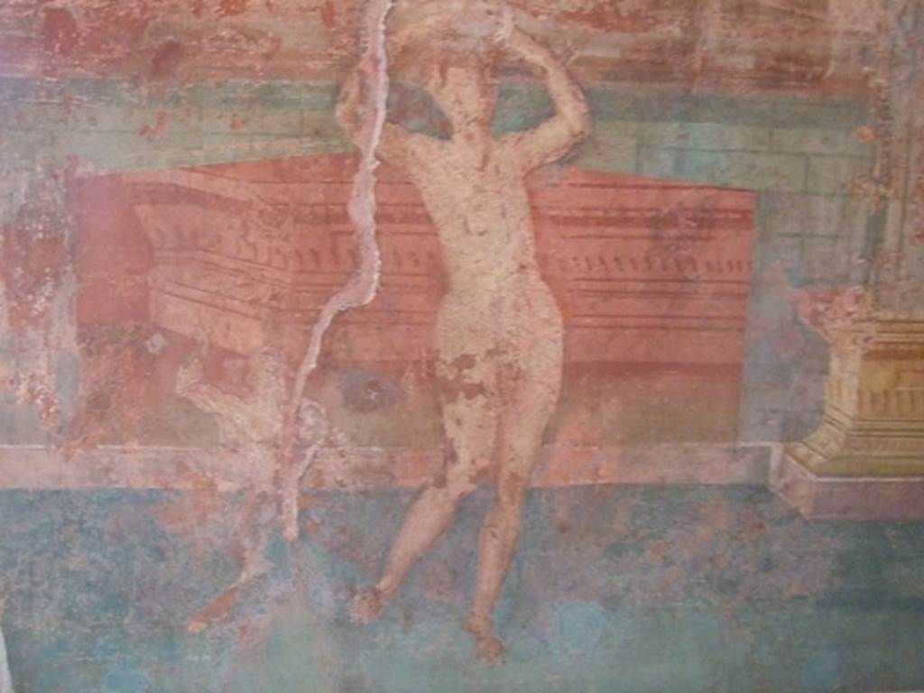 III.4.b Pompeii. March 2009. Room 3, oecus.  West side of window on south wall with detail of wall painting of Venus, or female figure.