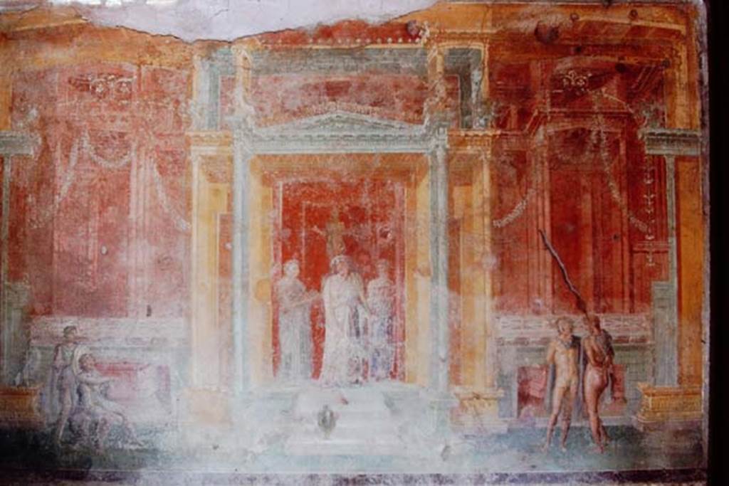 III.4.b Pompeii, 1968.  Room 3, north wall of oecus.   
Wall painting of part of a performance of Euripides “Iphigenia in Tauris”.
Photo by Stanley A. Jashemski.
Source: The Wilhelmina and Stanley A. Jashemski archive in the University of Maryland Library, Special Collections (See collection page) and made available under the Creative Commons Attribution-Non Commercial License v.4. See Licence and use details.
J68f0347
