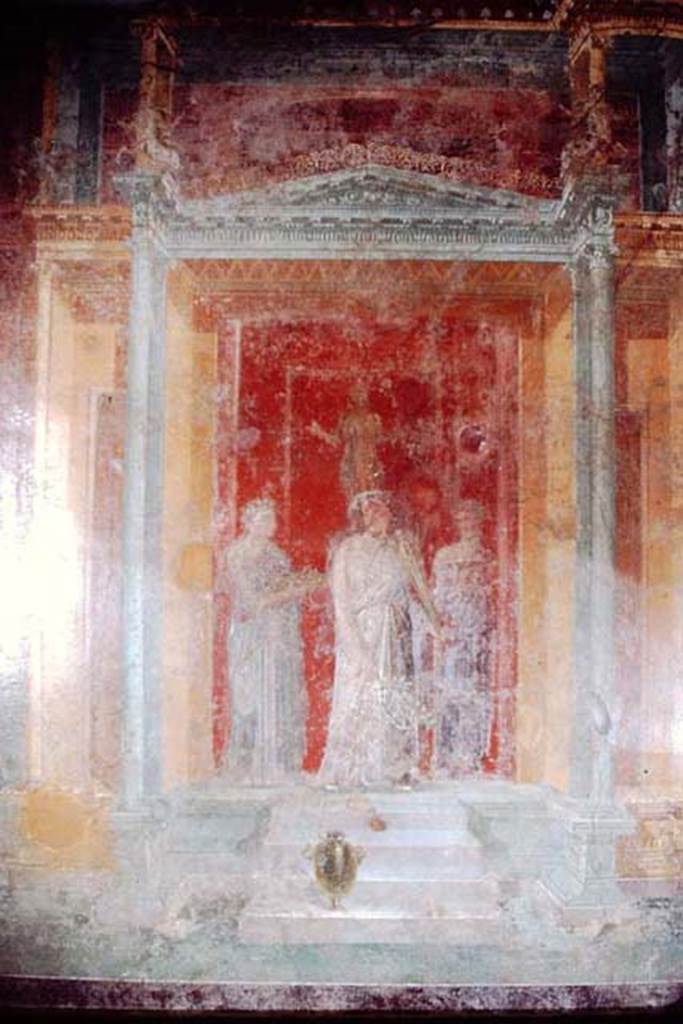 III.4.b Pompeii, 1968. Room 3, north wall of oecus.  
Detail of remains of wall painting of Iphigenia and her attendants.
Photo by Stanley A. Jashemski.
Source: The Wilhelmina and Stanley A. Jashemski archive in the University of Maryland Library, Special Collections (See collection page) and made available under the Creative Commons Attribution-Non Commercial License v.4. See Licence and use details.
J68f0345
