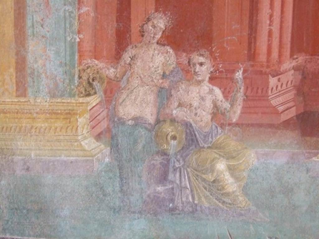 III.4.b Pompeii. March 2009. Room 3, east wall of oecus. 
Detail of wall painting of two figures in conversation.
One possibly may be the river god Sangarius, father of Sangaritide.