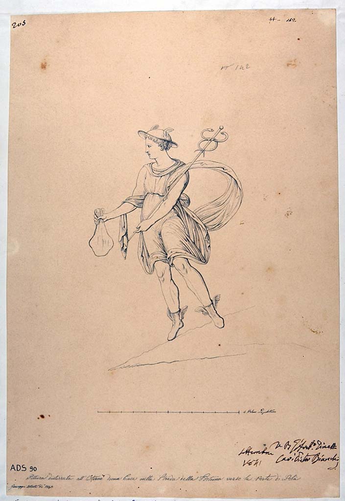 III.8.1 Pompeii. 1841 drawing by G. Abbate of painting of Mercury on faade at entrance of shop.
This was a painting of a floating Mercury clad in a short tunic, mantle partly inflated, winged sandals and petasos (hat). 
He had the marsupium in his right hand and the caduceus rests on his left shoulder.
A triangular structure under the feet of the God was understood to be an indication of the land.
See Frhlich, T., 1991. Lararien und Fassadenbilder in den Vesuvstdten. Mainz: von Zabern. (p. 313, F20).
According to ICCD database, the painting corresponding to the drawing, documented only in this drawing had already vanished in 1860.
It decorated the faade of an insula of Regio III of Pompeii, located in the stretch of the Via di Nola closest to the Nola Gate.
Now in Naples Archaeological Museum. Inventory number ADS 90.
Photo  ICCD. https://www.catalogo.beniculturali.it
Utilizzabili alle condizioni della licenza Attribuzione - Non commerciale - Condividi allo stesso modo 2.5 Italia (CC BY-NC-SA 2.5 IT)
