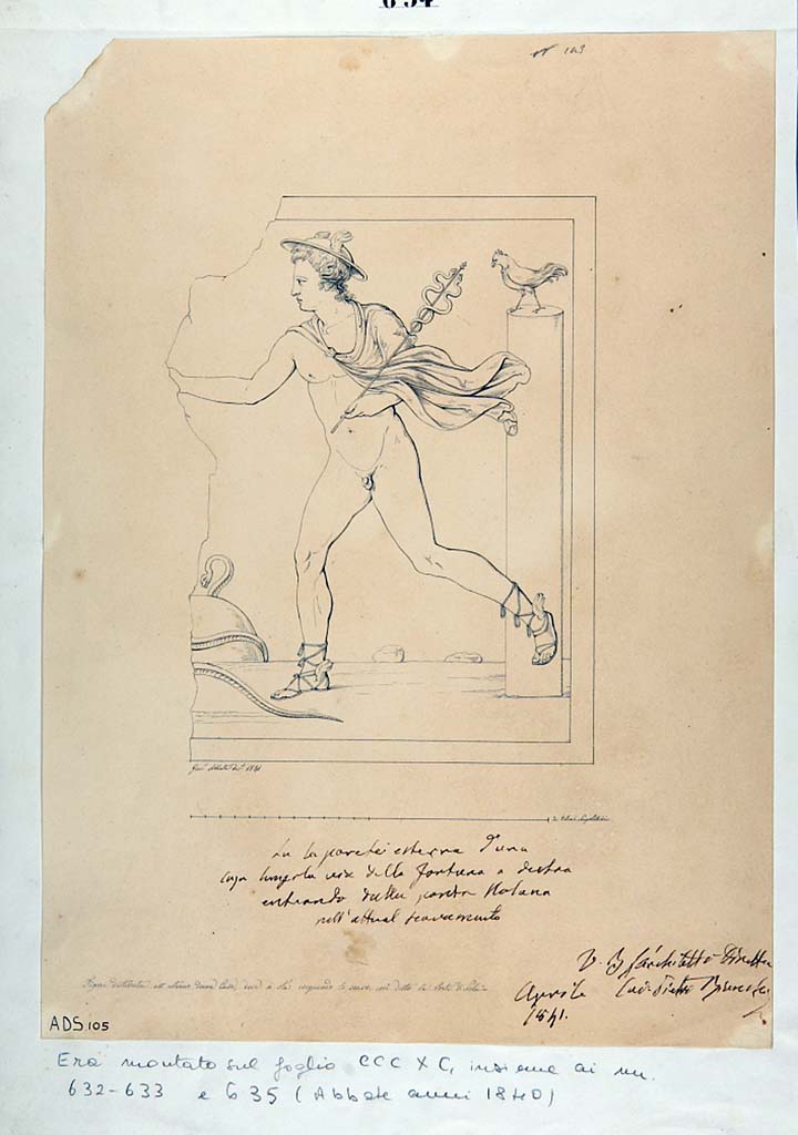 IV.2.a Pompeii. 1841 drawing by G. Abbate of lararium painting by entrance.
According to Liselotte Eschebach, there was a Lararium painting here.
She suggested this may possibly be F28 identified by Frhlich as from Regio IV.
This was a painting of Mercury running to the left, naked, wearing cloak, petasos (hat) and winged sandals.
In his left he had a caduceus and in his right a marsupium.
In front of the god was an omphalos with a serpent winding around it. 
On the right was a high round pillar with a cockerel on top of it. 
Now in Naples Archaeological Museum. Inventory number ADS 105.
See Frhlich, T., 1991. Lararien und Fassadenbilder in den Vesuvstdten. Mainz: von Zabern. (p.316, F28).
See Eschebach, L., 1993. Gebudeverzeichnis und Stadtplan der antiken Stadt Pompeji. Kln: Bhlau. (p.116, IV.2.1).
Photo  ICCD. http://www.catalogo.beniculturali.it
Utilizzabili alle condizioni della licenza Attribuzione - Non commerciale - Condividi allo stesso modo 2.5 Italia (CC BY-NC-SA 2.5 IT)
